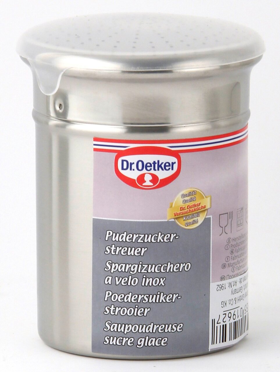 Puderzuckerstreuer von Dr. Oetker aus Edelstahl, Vorderansicht
