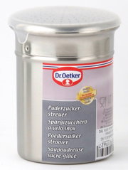 Puderzuckerstreuer von Dr. Oetker aus Edelstahl, Vorderansicht