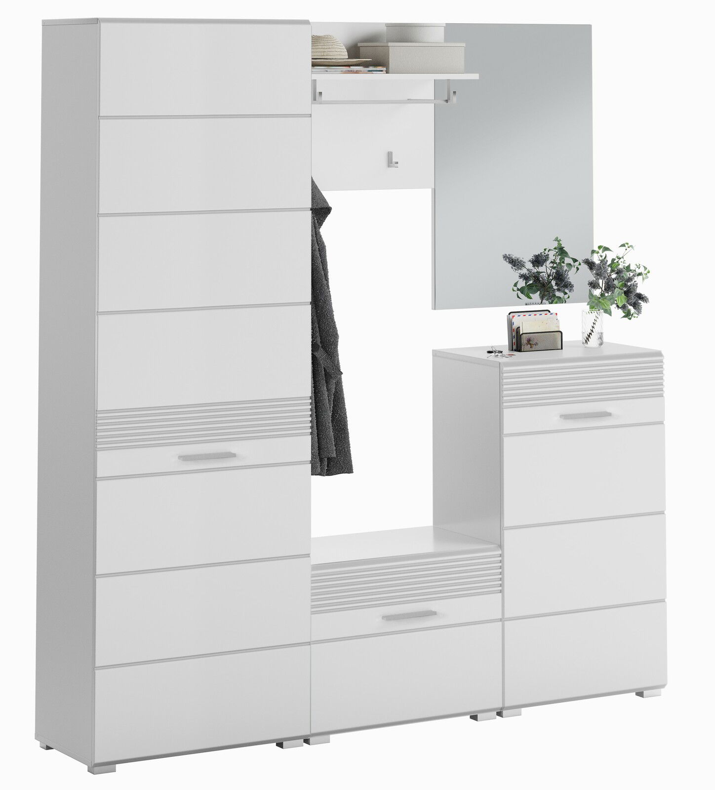 Moderne weiße Garderobenkombination mit Spiegel, Schränken und Sitzbank, frontal betrachtet.