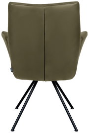 Rückansicht eines olivgrünen Sessels mit schlanken schwarzen Metallbeinen.