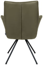 Rückansicht eines olivgrünen Sessels mit schlanken schwarzen Metallbeinen.