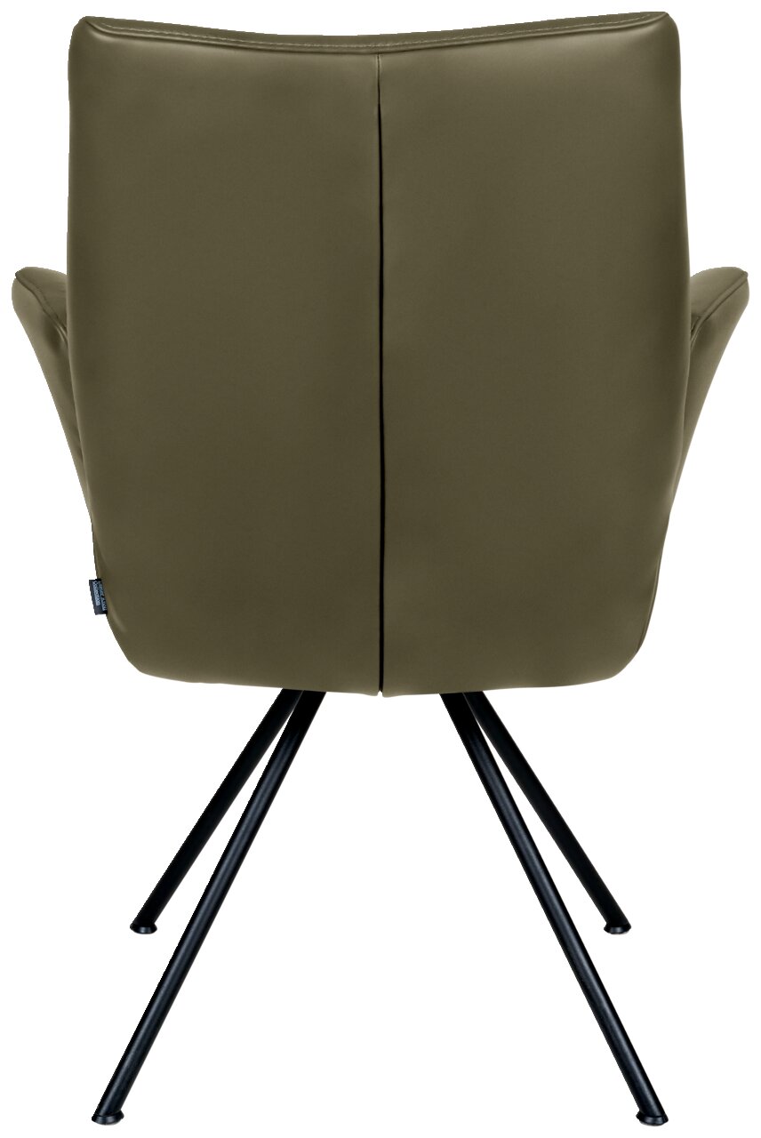 Achterkant van een olijfgroene fauteuil met slanke zwarte metalen poten.