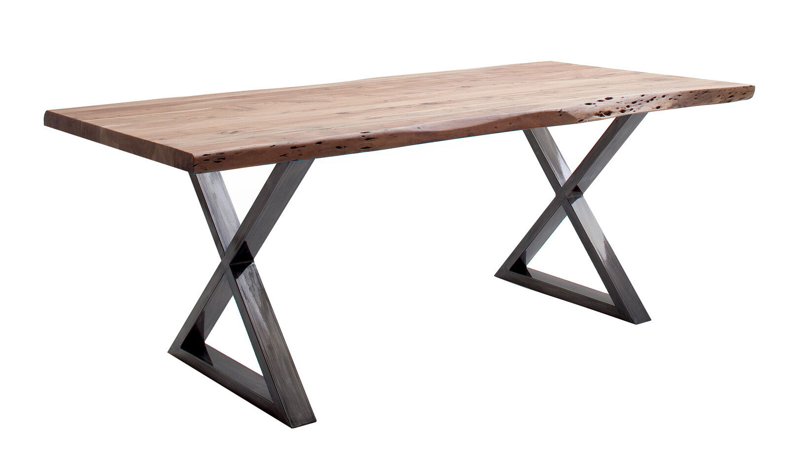 Moderner Esstisch mit Holzplatte und X-förmigen Metallbeinen, seitliche Perspektive