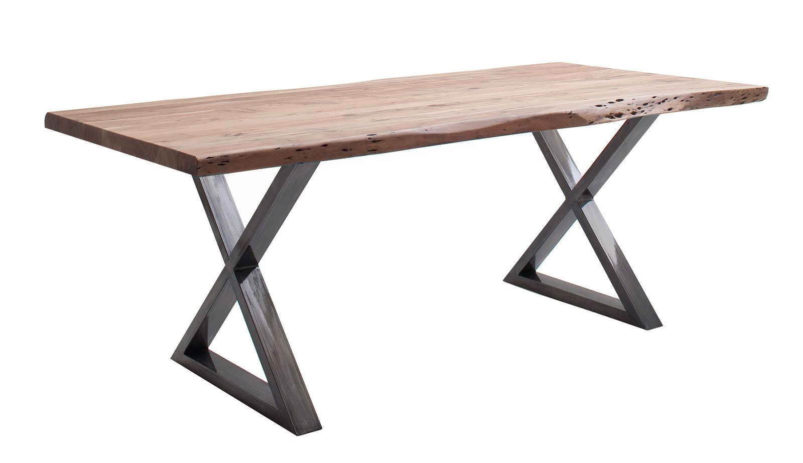 Moderner Esstisch mit Holzplatte und X-förmigen Metallbeinen, seitliche Perspektive