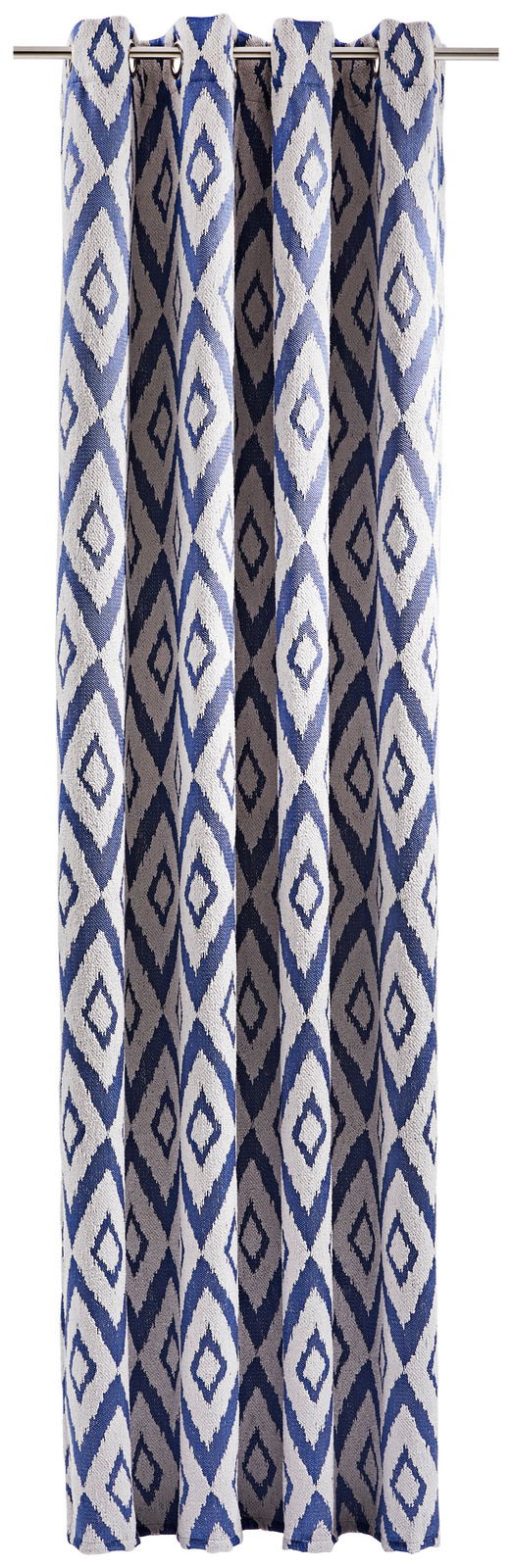 Ösenschal mit blau-weißem Rautenmuster, frontal aufgenommen