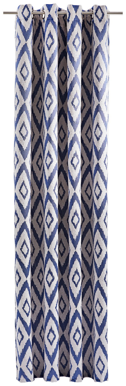 Ösenschal mit blau-weißem Rautenmuster, frontal aufgenommen