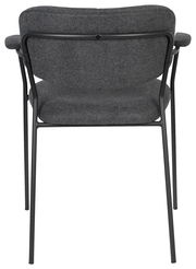 Rückansicht eines grauen Armlehnenstuhls mit schwarzem Metallrahmen.