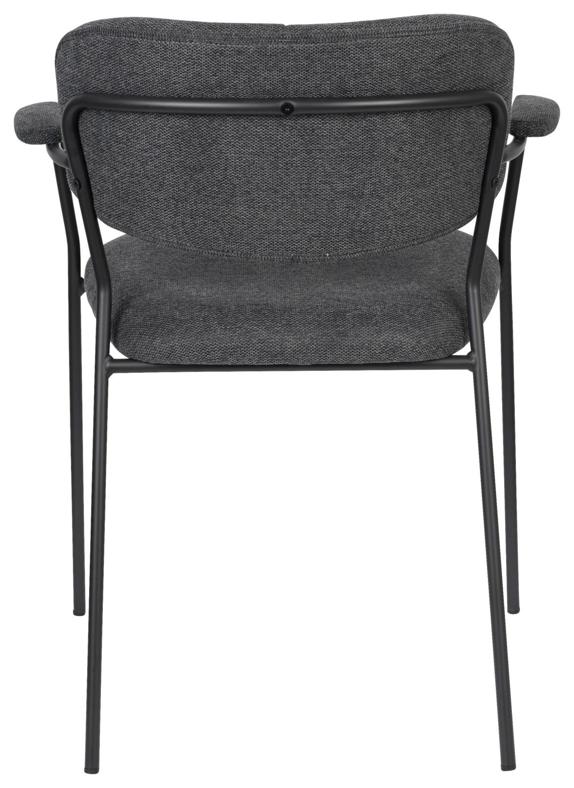 Rückansicht eines grauen Armlehnenstuhls mit schwarzem Metallrahmen.