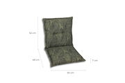 Grüne Sesselauflage mit Blattmuster, seitliche Perspektive, Maße: 52 cm Höhe, 48 cm Sitzfläche, 50 cm Breite, 7 cm Dicke