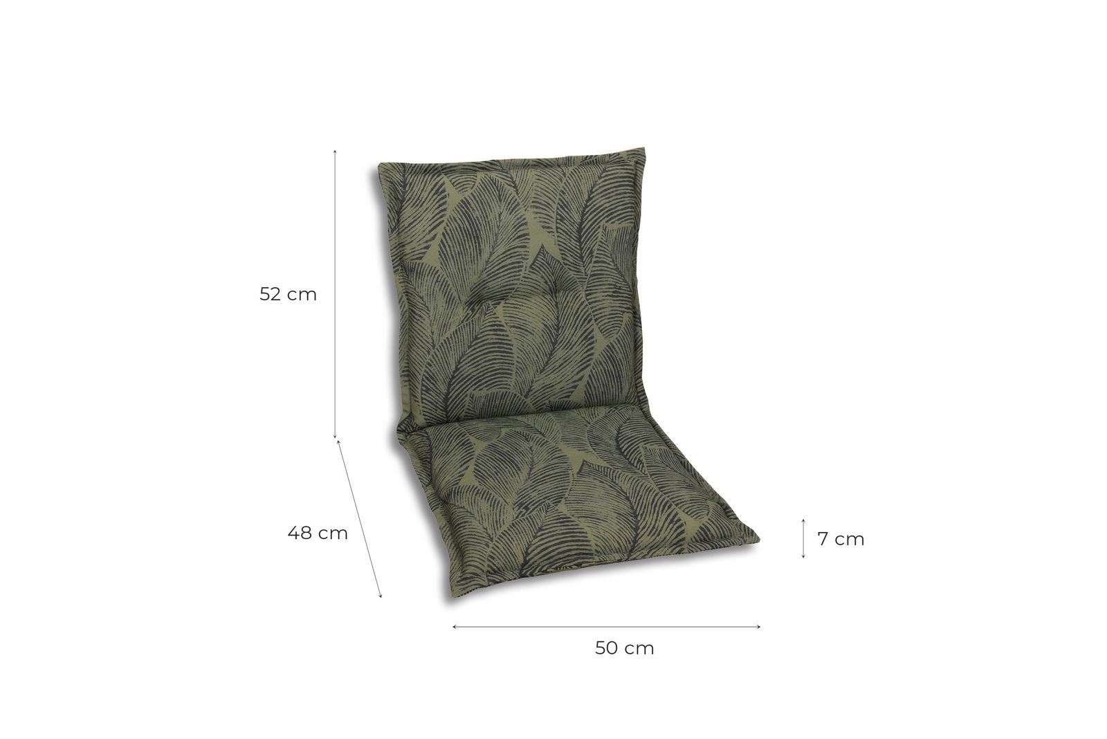 Grüne Sesselauflage mit Blattmuster, seitliche Perspektive, Maße: 52 cm Höhe, 48 cm Sitzfläche, 50 cm Breite, 7 cm Dicke