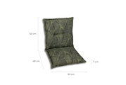 Grüne Sesselauflage mit Blattmuster, seitliche Perspektive, Maße: 52 cm Höhe, 48 cm Sitzfläche, 50 cm Breite, 7 cm Dicke