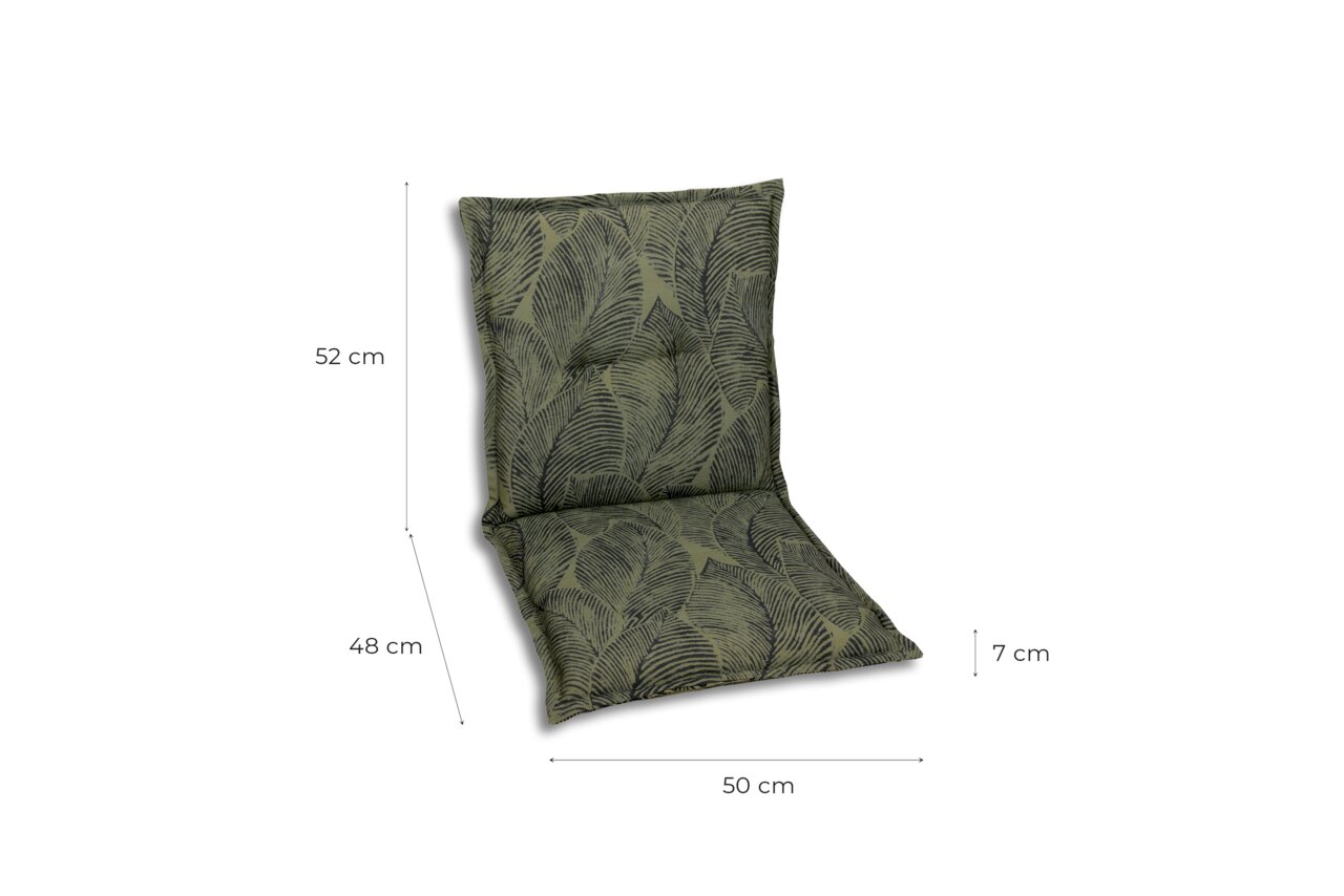 Grüne Sesselauflage mit Blattmuster, seitliche Perspektive, Maße: 52 cm Höhe, 48 cm Sitzfläche, 50 cm Breite, 7 cm Dicke