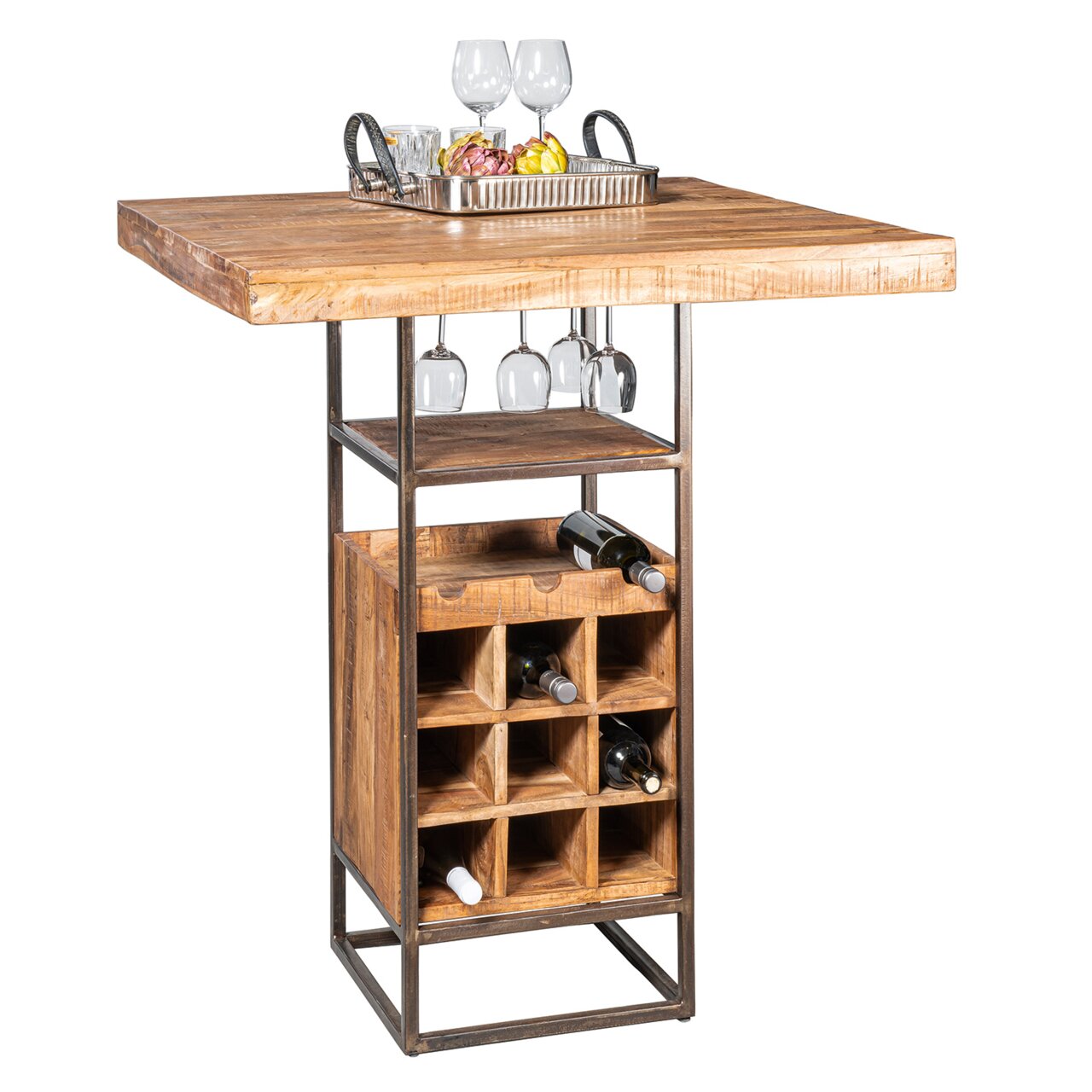 Bar-tafel van hout en metaal met ingebouwd wijnrek en glazenhouder, zijaanzicht