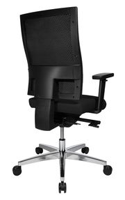 Rückansicht eines schwarzen Drehstuhls mit Netzrückenlehne und verstellbaren Armlehnen auf einem verchromten Fußkreuz mit Rollen.