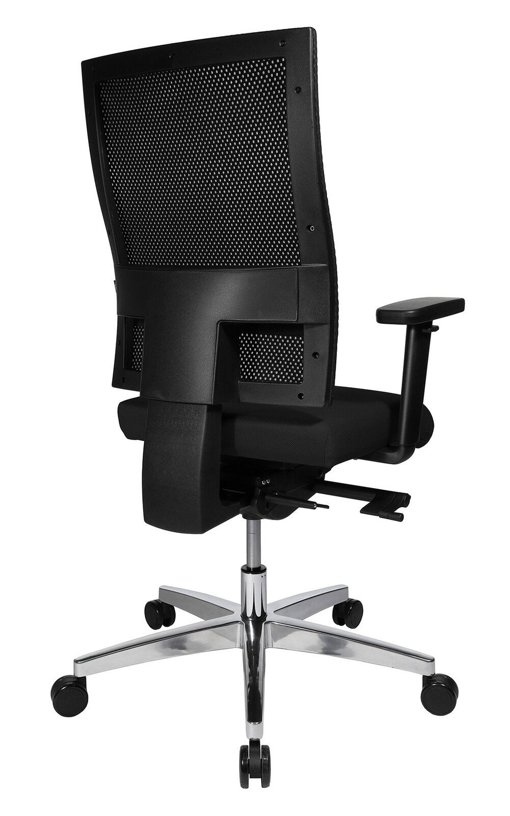 Rückansicht eines schwarzen Drehstuhls mit Netzrückenlehne und verstellbaren Armlehnen auf einem verchromten Fußkreuz mit Rollen.