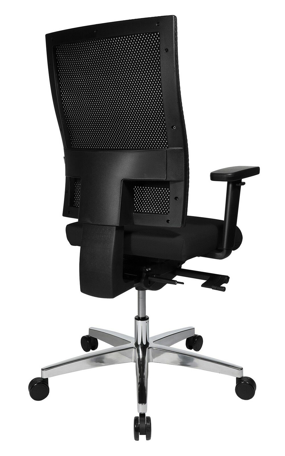 Rückansicht eines schwarzen Drehstuhls mit Netzrückenlehne und verstellbaren Armlehnen auf einem verchromten Fußkreuz mit Rollen.