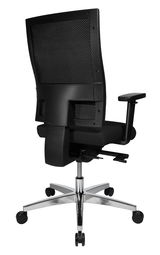 Rückansicht eines schwarzen Drehstuhls mit Netzrückenlehne und verstellbaren Armlehnen auf einem verchromten Fußkreuz mit Rollen.