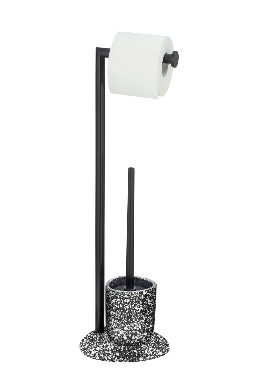 Stand WC-Garnitur Terrazzo mit Toilettenpapierhalter und Bürstenhalter, seitliche Perspektive
