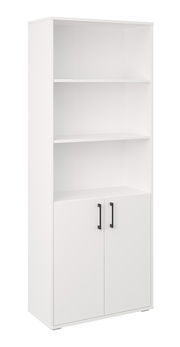 Weißer Hochschrank mit zwei offenen Regalböden und zweiflügeligem Unterschrank mit schwarzen Griffen, frontal in leichter Schrägansicht von vorn fotografiert.