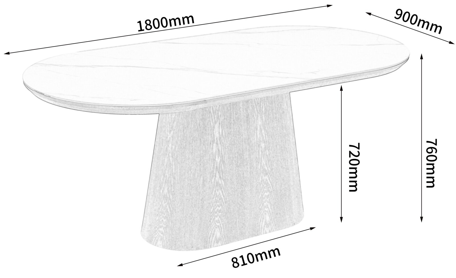 Ovaler Esstisch mit heller Holzoptik und zentralem Sockelgestell, Maßgrafik mit 1800 mm Länge, 900 mm Breite und 760 mm Höhe, in schräger Perspektive von vorne oben dargestellt.