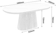 Ovaler Esstisch mit heller Holzoptik und zentralem Sockelgestell, Maßgrafik mit 1800 mm Länge, 900 mm Breite und 760 mm Höhe, in schräger Perspektive von vorne oben dargestellt.