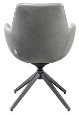 Rückansicht eines grauen Armlehnstuhls mit modernem Design und Metallgestell