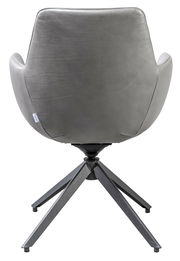 Rückansicht eines grauen Armlehnstuhls mit modernem Design und Metallgestell