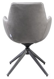 Rückansicht eines grauen Armlehnstuhls mit modernem Design und Metallgestell