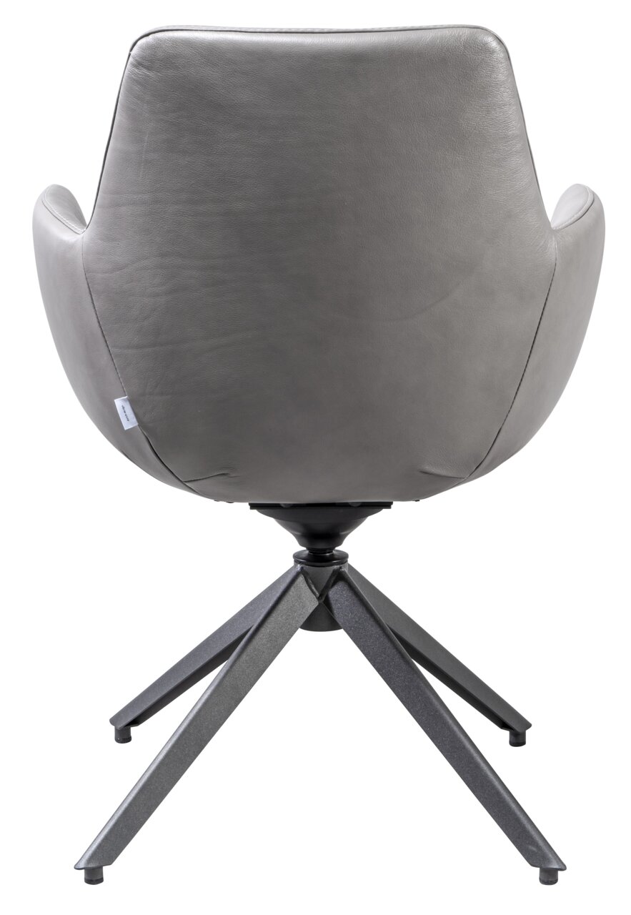 Achterkant van een grijze fauteuil met een modern ontwerp en een metalen frame