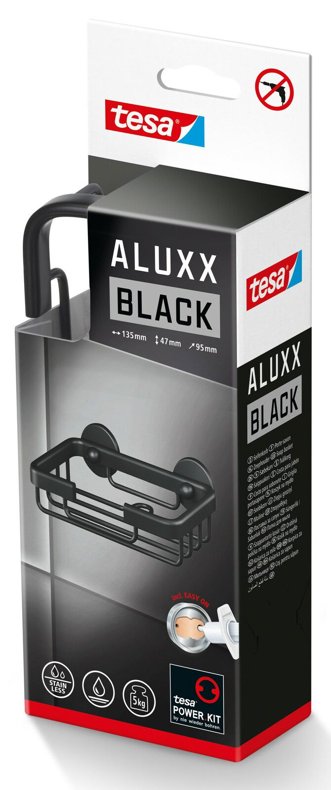 Verpackung der tesa ALUXX Black Seifenschale, Vorderansicht, zeigt das Produktbild und die Maße 135mm x 47mm x 95mm.