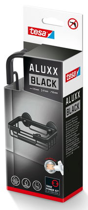 Verpackung der tesa ALUXX Black Seifenschale, Vorderansicht, zeigt das Produktbild und die Maße 135mm x 47mm x 95mm.