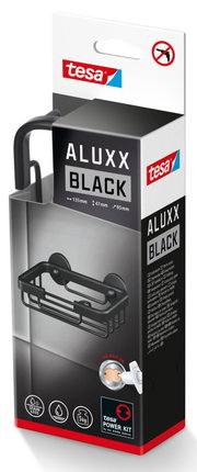 Verpakking van de tesa ALUXX Black zeepbakje, vooraanzicht, met afbeelding van het product en de afmetingen 135 mm x 47 mm x 95 mm.