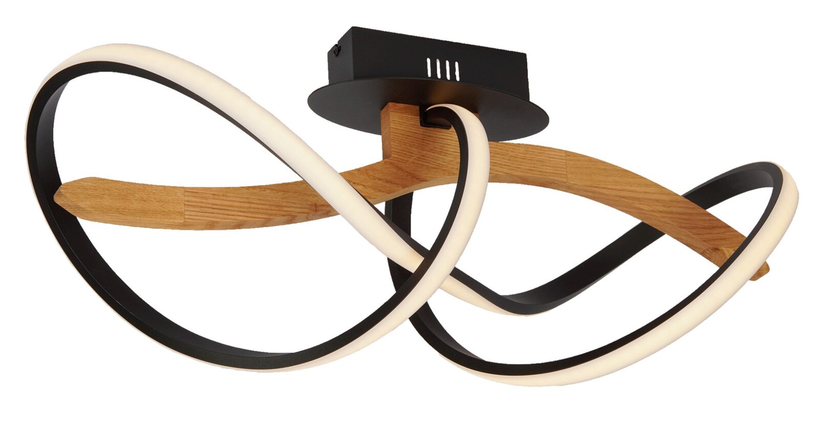Moderne LED-Deckenleuchte mit geschwungenem Design aus Holz und Metall, seitliche Perspektive