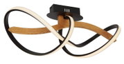 Moderne LED-Deckenleuchte mit geschwungenem Design aus Holz und Metall, seitliche Perspektive