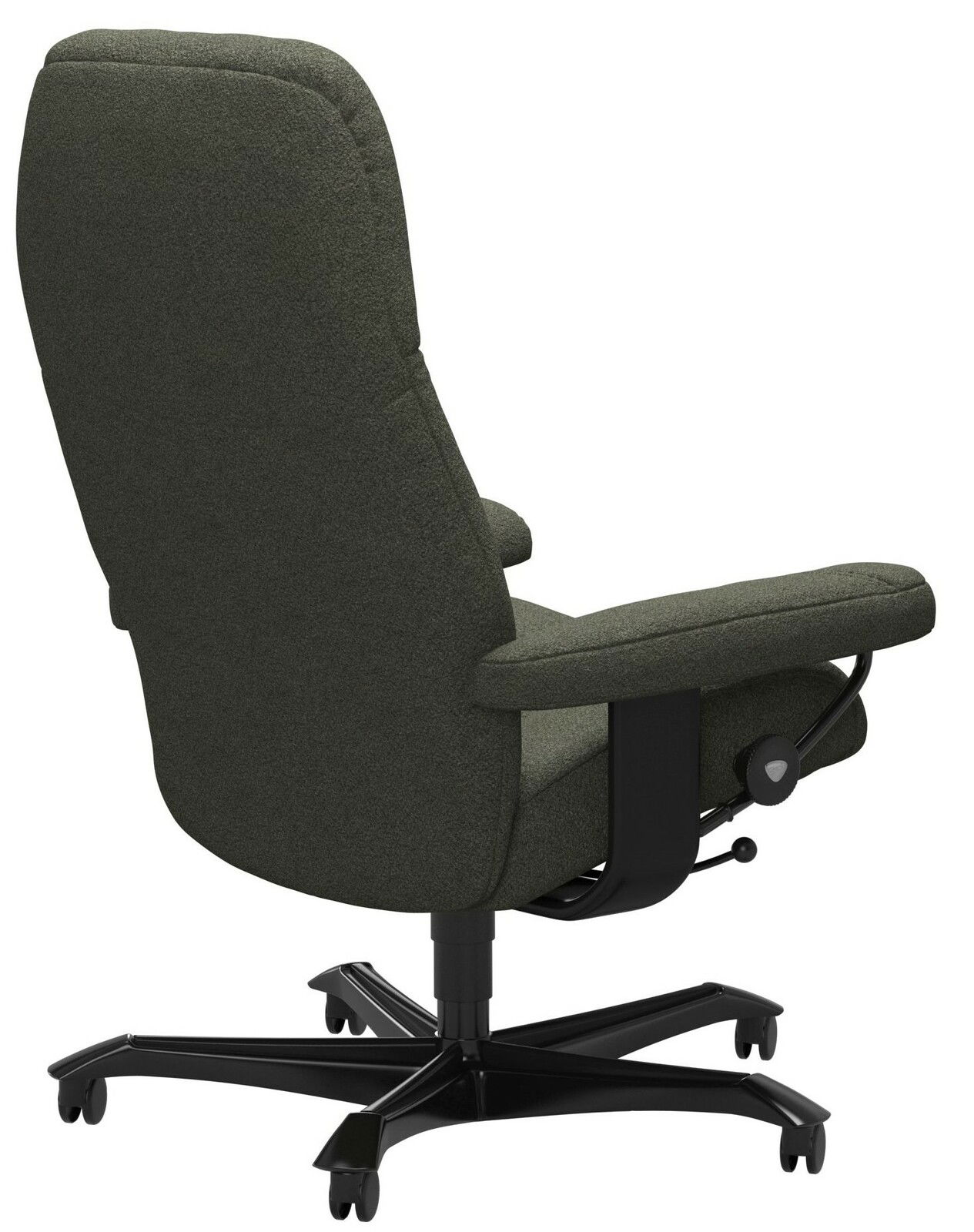 Rückansicht eines grünen Chefsessels mit schwarzem Fußkreuz und Rollen