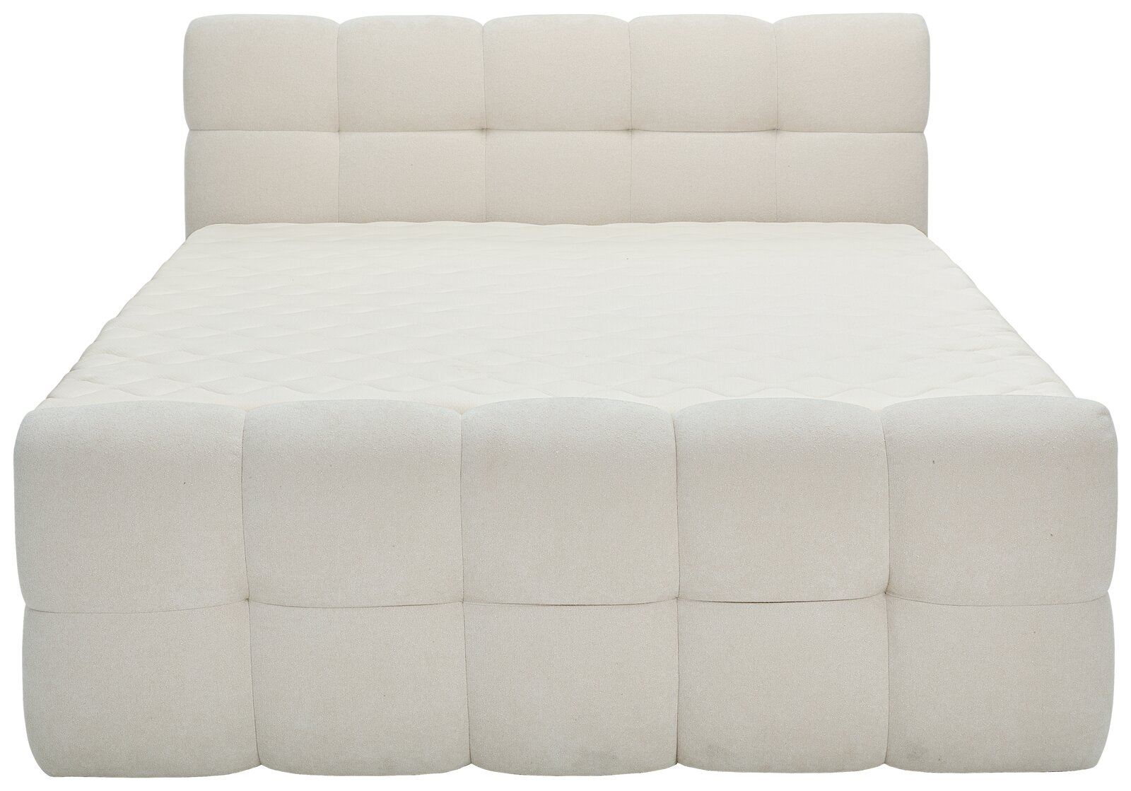 Frontale Ansicht eines eleganten Boxbetts mit gepolstertem Kopfteil und gestepptem Bezug in Cremefarbe.