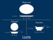 Infografik mit weißen Silhouetten von ovaler Platte (Draufsicht und Seitenansicht, 33 x 22 cm, Höhe 3 cm), Schüssel (Draufsicht und Seitenansicht, Ø 23 cm, Höhe 6 cm, 1,5 l) und Sauciere (Seitenansicht, 300 ml, 13 x 17,5 cm, Höhe 7,5 cm) auf blauem Hinter