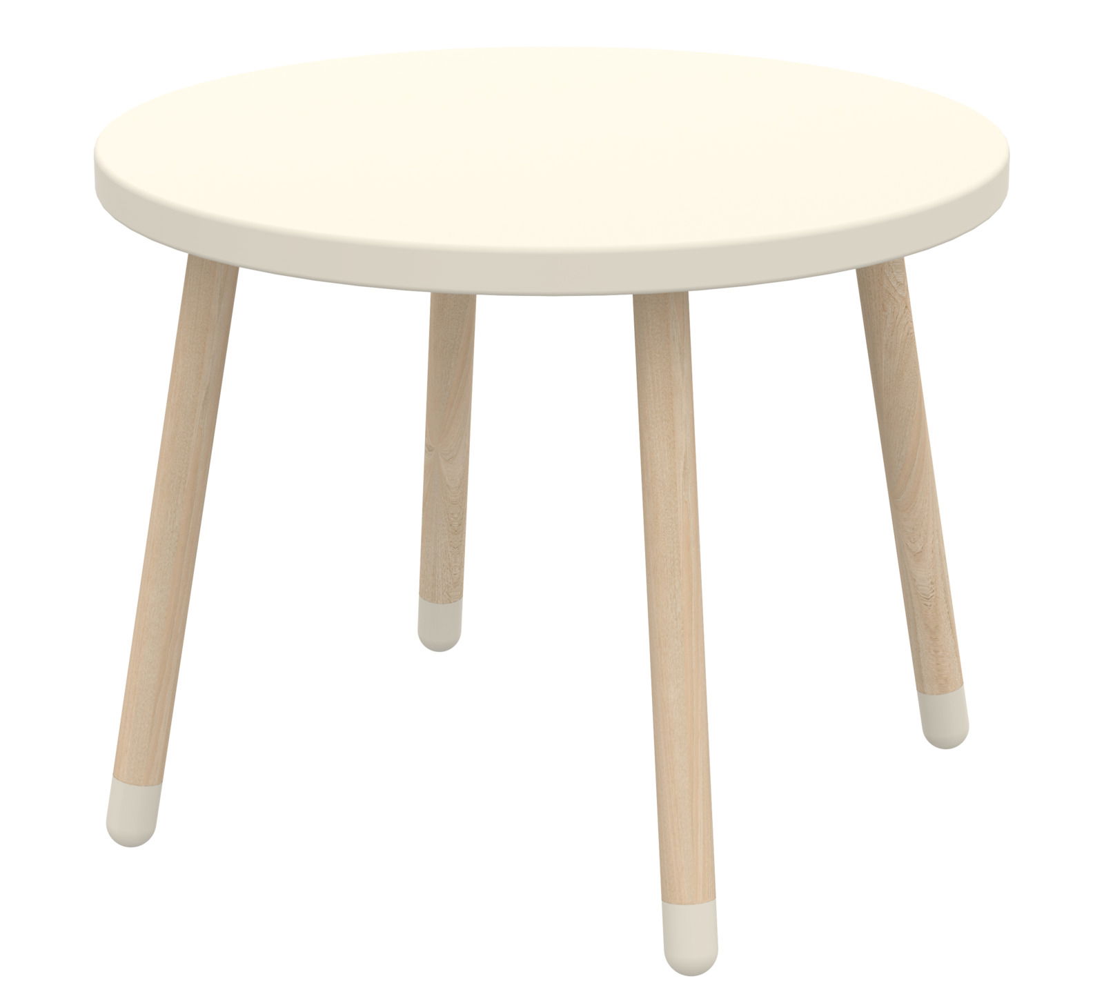 Runder Kindertisch mit weißer Tischplatte und Holzbeinen, seitliche Perspektive