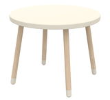 Runder Kindertisch mit weißer Tischplatte und Holzbeinen, seitliche Perspektive
