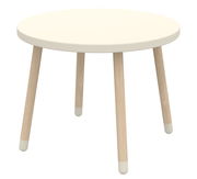 Runder Kindertisch mit weißer Tischplatte und Holzbeinen, seitliche Perspektive