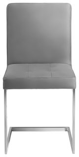 Grauer Freischwinger-Stuhl aus Metall mit gepolsterter Sitzfläche und Rückenlehne, Frontalansicht