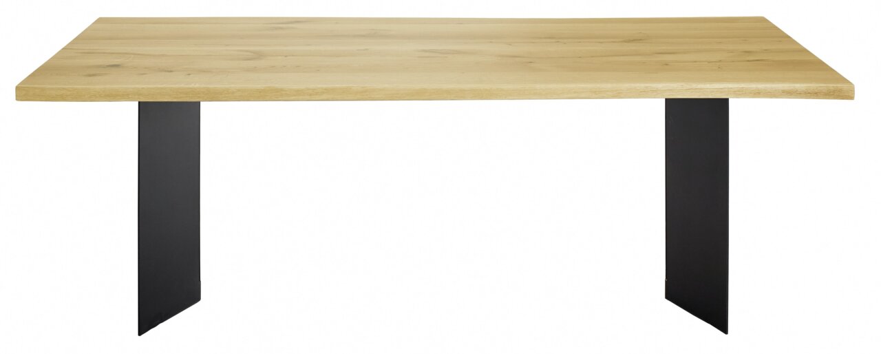 Moderner Esstisch aus Holz mit schwarzem Metallgestell, Frontalansicht