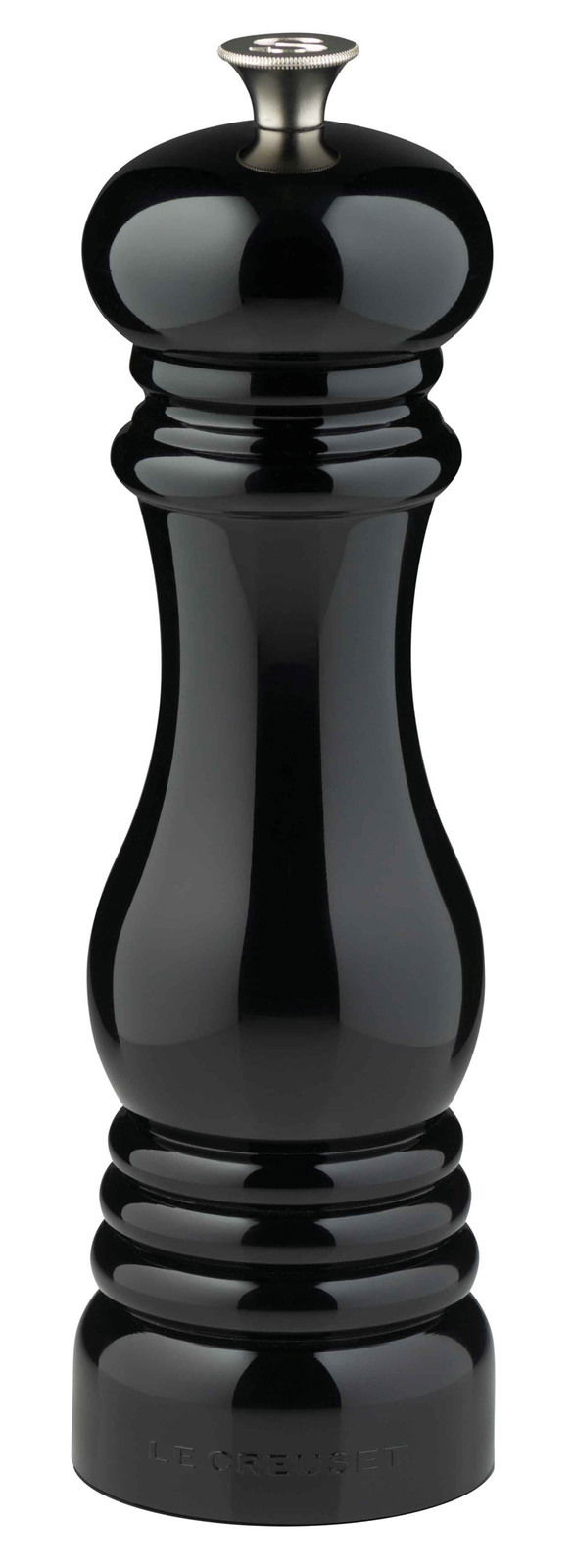 Schwarze glänzende Pfeffermühle in Frontalansicht