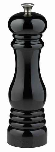 Schwarze glänzende Pfeffermühle in Frontalansicht