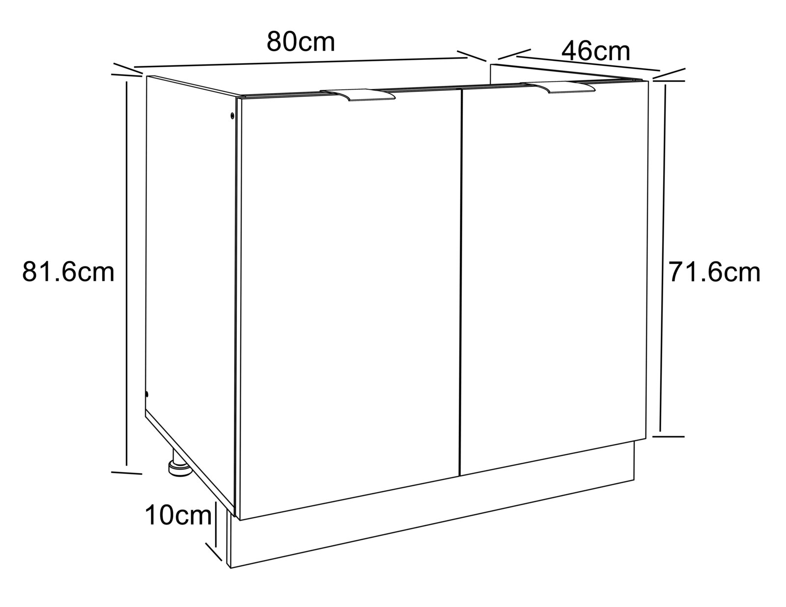 Technische Zeichnung eines zweitürigen Unterschranks (Breite 80 cm, Tiefe 46 cm, Höhe 81,6 cm, Türhöhe 71,6 cm, Sockelhöhe 10 cm) in schräger Frontansicht.