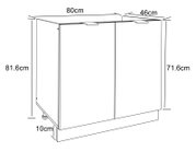 Technische Zeichnung eines zweitürigen Unterschranks (Breite 80 cm, Tiefe 46 cm, Höhe 81,6 cm, Türhöhe 71,6 cm, Sockelhöhe 10 cm) in schräger Frontansicht.