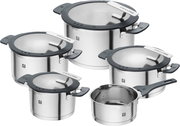Topfset Simplify 5-teilig aus Edelstahl mit Glasdeckeln, seitliche Perspektive