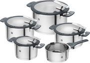 Topfset Simplify 5-teilig aus Edelstahl mit Glasdeckeln, seitliche Perspektive