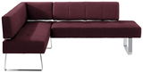 Moderne Eckbank in Bordeauxrot mit Metallbeinen, seitliche Perspektive