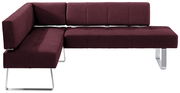Moderne Eckbank in Bordeauxrot mit Metallbeinen, seitliche Perspektive